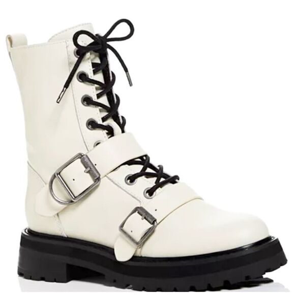 Dolce Vita Combat Boots Size 8 White Leather Round Toe Lace Up Buckle Detail NEW - Picture 1 of 10